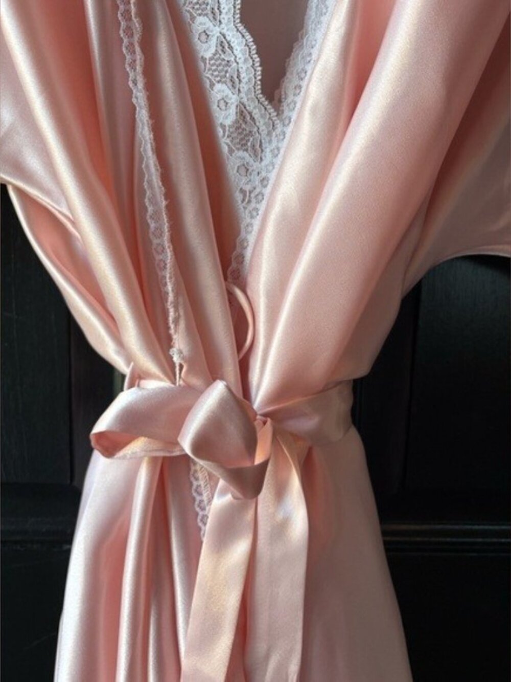 VTG Nicole Peach Pink Satin Lace Teddy Bodysuit Robe Set Size S/M - Picture 9 of 15